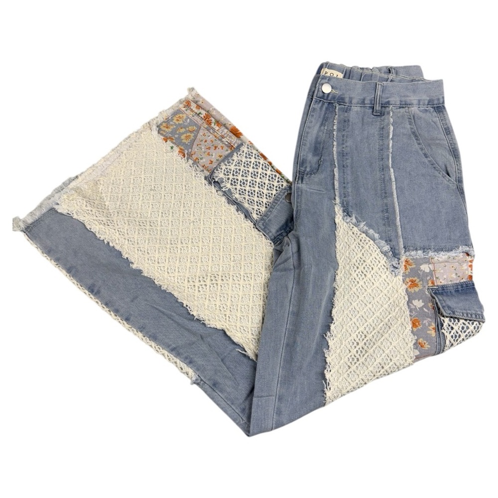 ONLY 1 LEFT! NO RESTOCK! POL Patchwork Detail Woven Twill Denim Pants Small - Picture 5 of 11